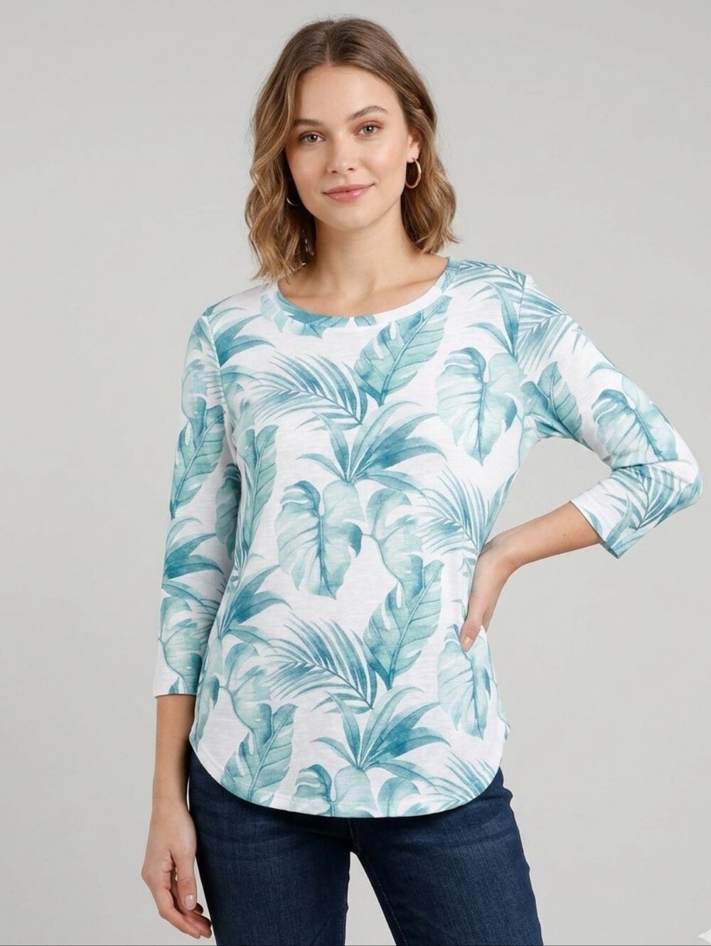 Tommy Bahama Palm Frond 3/4 Sleeve Cotton Tunic Top M White Green Resortwear